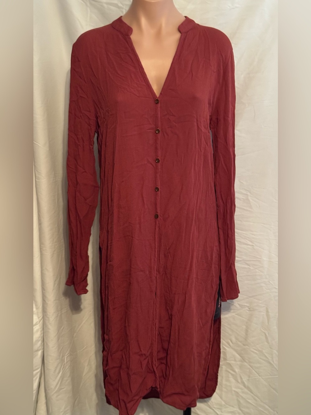 Long Sleeve Burgundy Button-Front Women’s Dress or Duster
